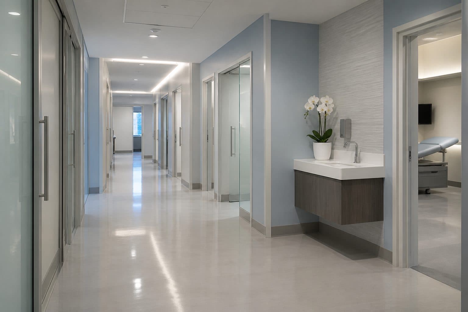 Quiet institutional corridor maintained for occupied facility schedules