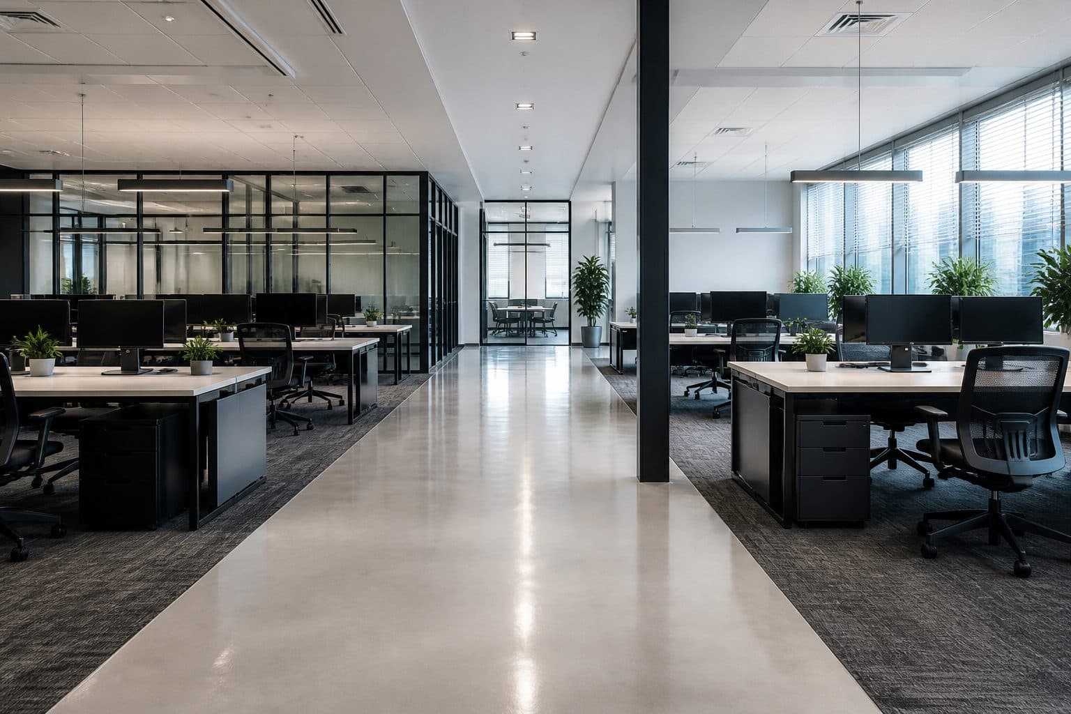 Presentation-ready corporate office with polished floors and organized workstations